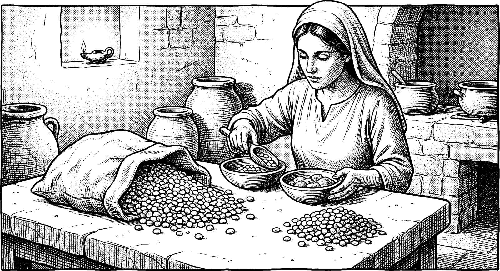 Hedcut illustration of Paul’s collection is meant to create equality “as with the manna,” where “he that had gathered much had nothing over; and he that had gathered little had no lack” (2 Corinthians 8:14-15).