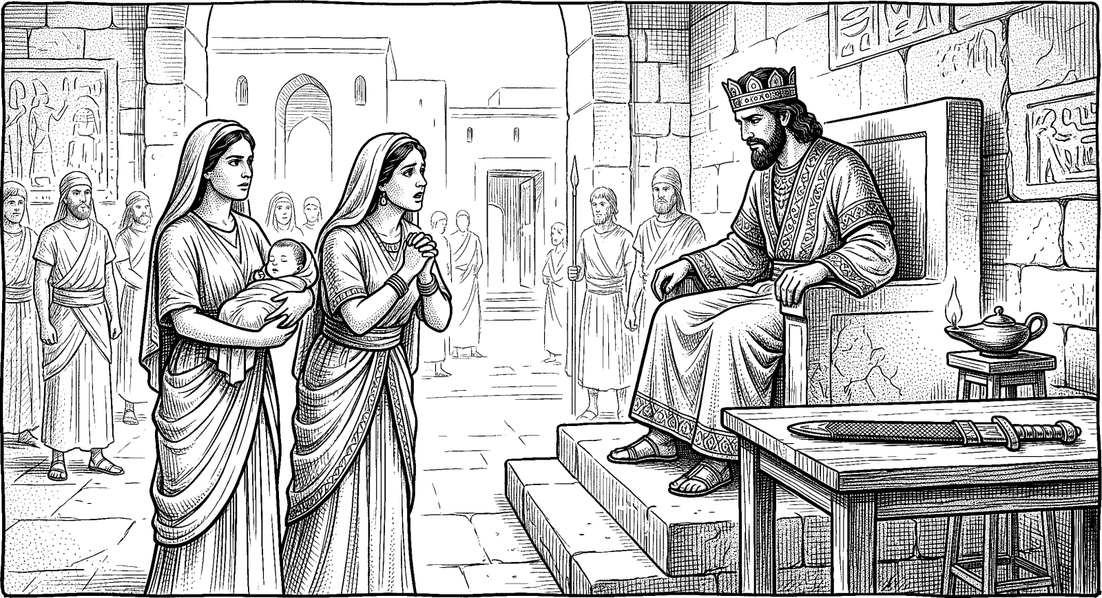Hedcut illustration of Solomon’s judgment tests conflicting testimony by arranging a situation so that the true mother’s character shows itself (1 Kings 3:9).
