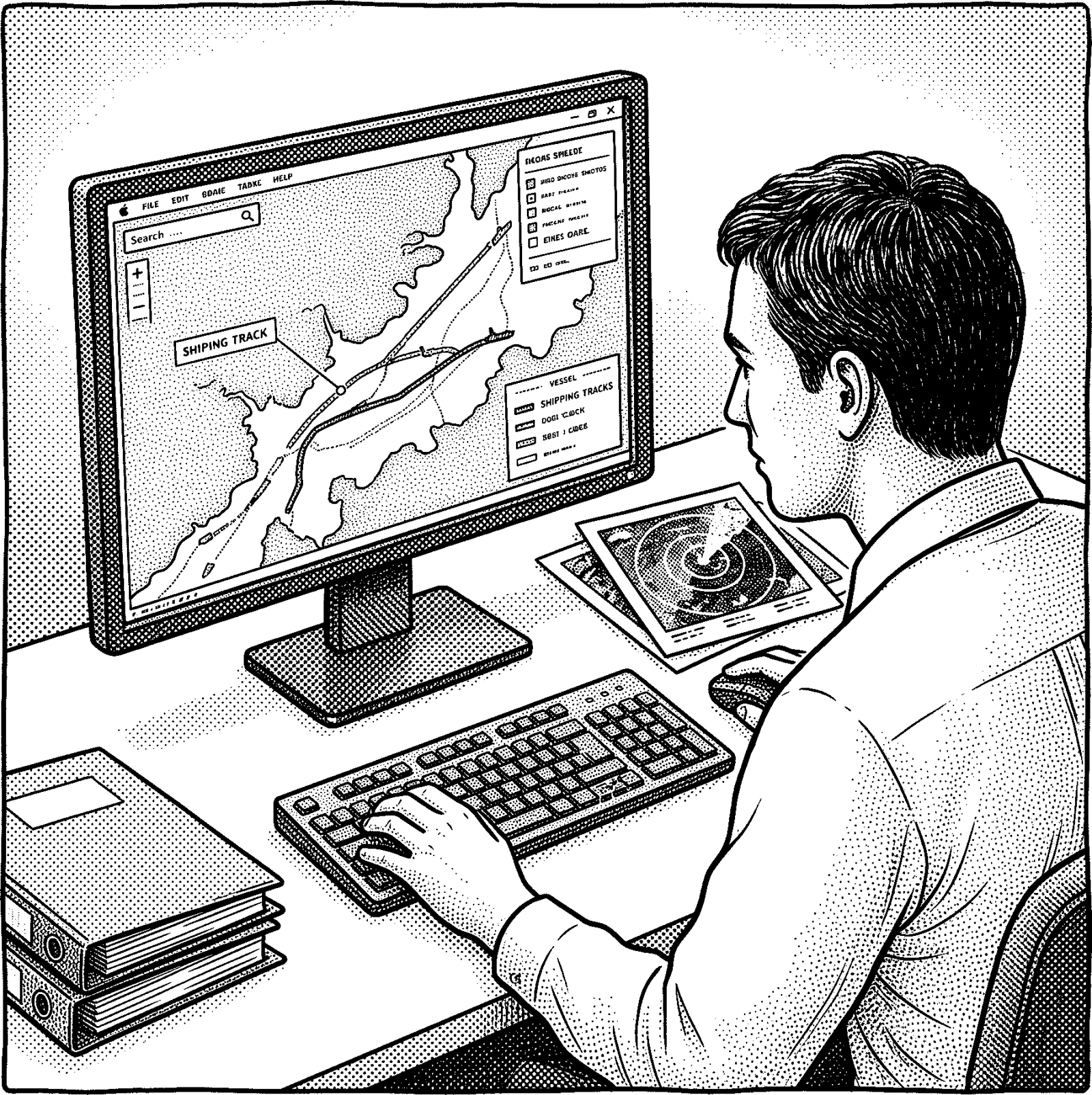 Hedcut illustration of The entry notes both opportunities and risks in modern fishing, including how tracking data can be used by those who control it.