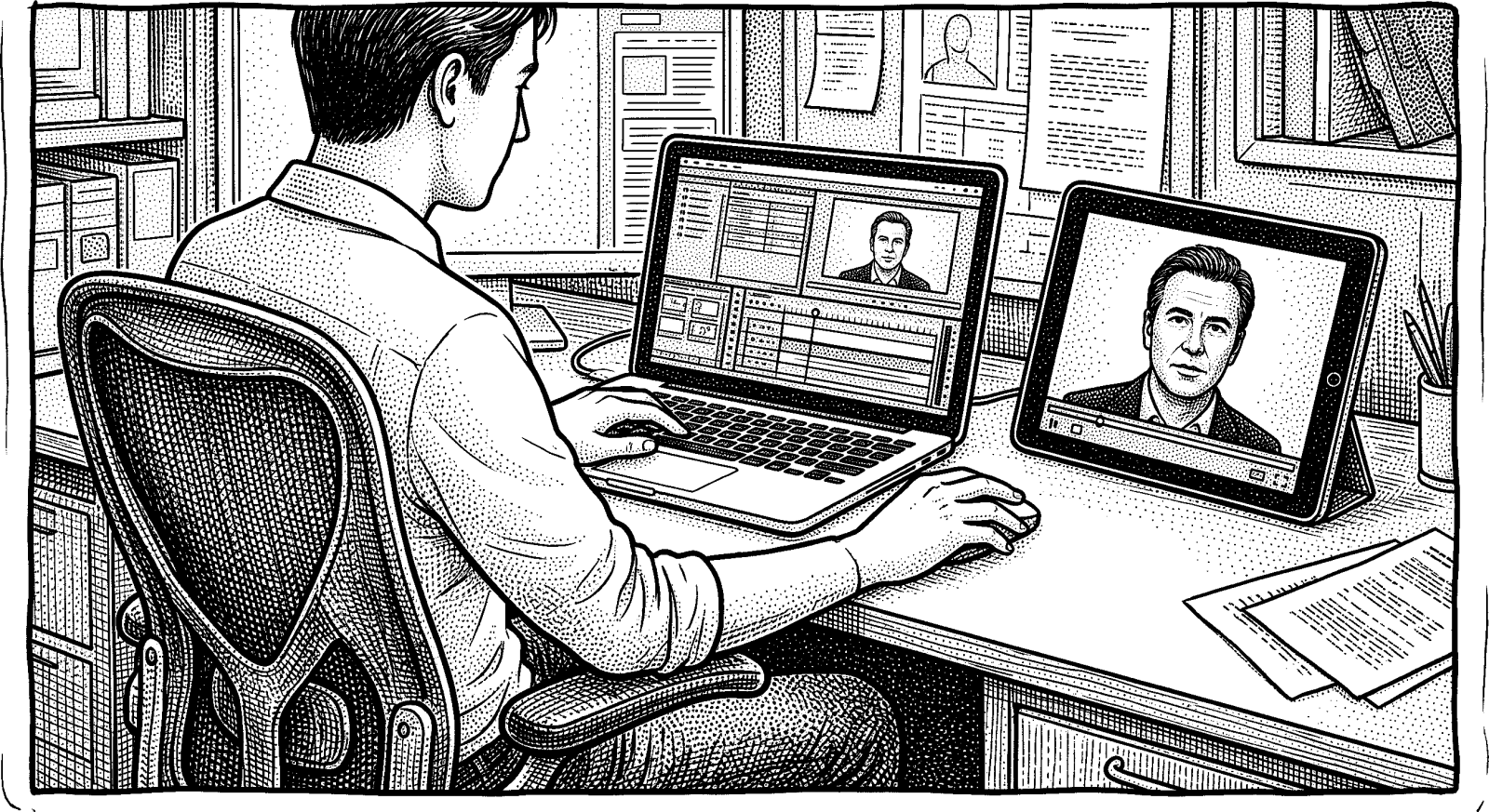 Hedcut illustration of The ninth commandment forbids bearing false witness, and a deepfake functions like “a witness of falsehood” by manufacturing a neighbor’s testimony through their likeness and voice.