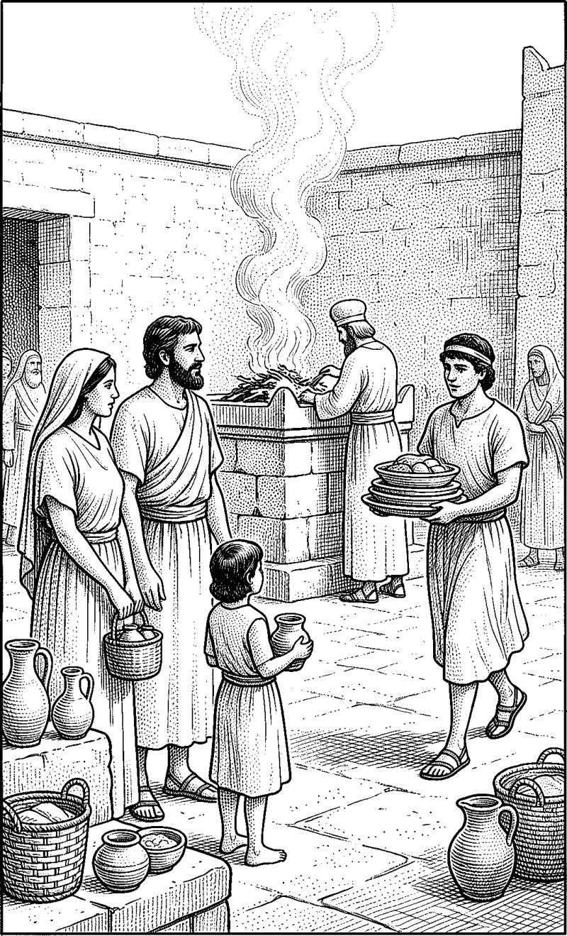 Hedcut illustration of The *zevaḥ shelamim* frames shared life around a sacrificial meal: the offering is portioned between altar service, priestly share, and the worshipper’s household.
