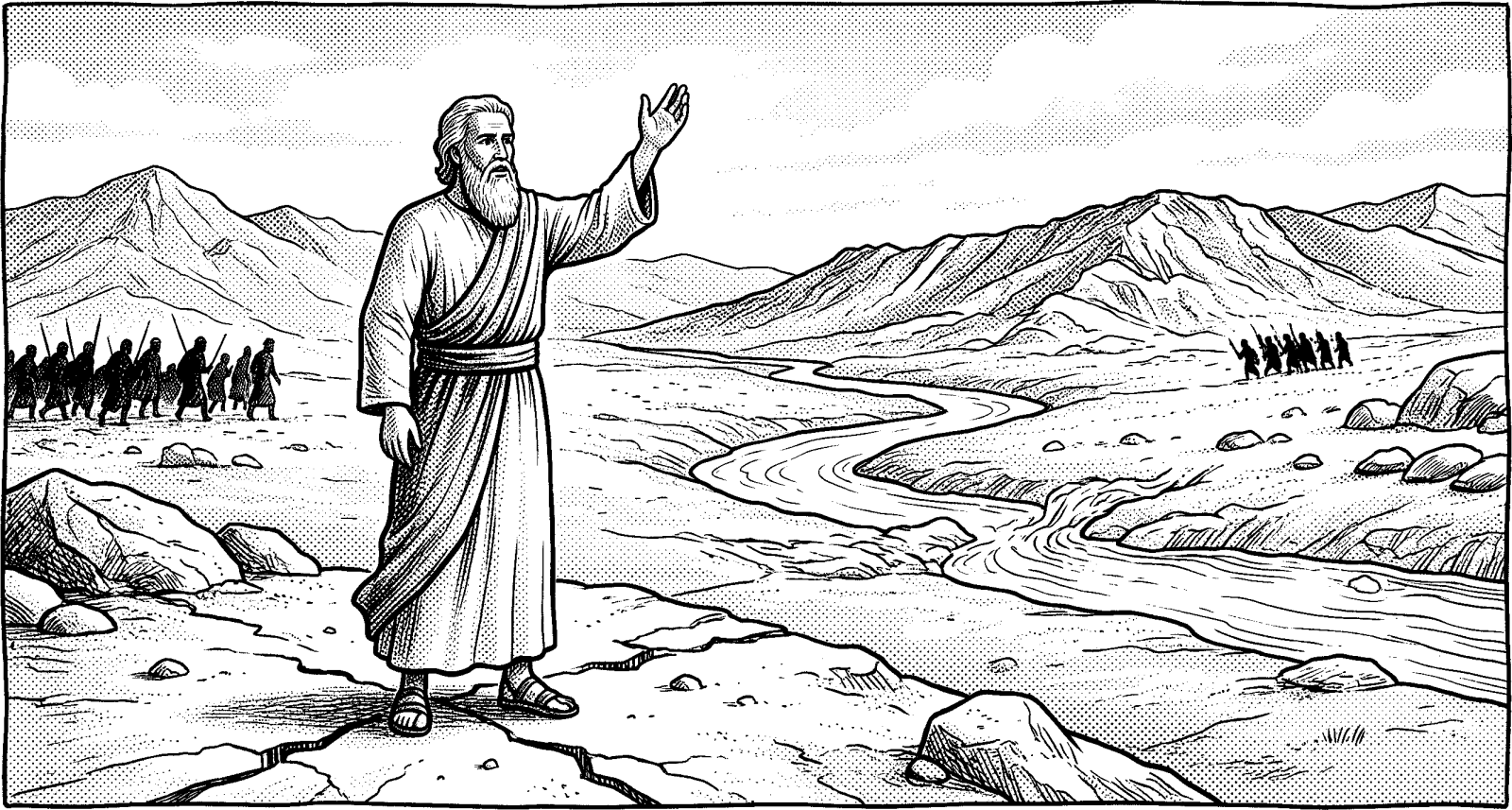 Hedcut illustration of When Enoch’s enemies marched against the people, “the earth trembled, and the mountains fled… and the rivers of water were turned out of their course” (Moses 7:13).
