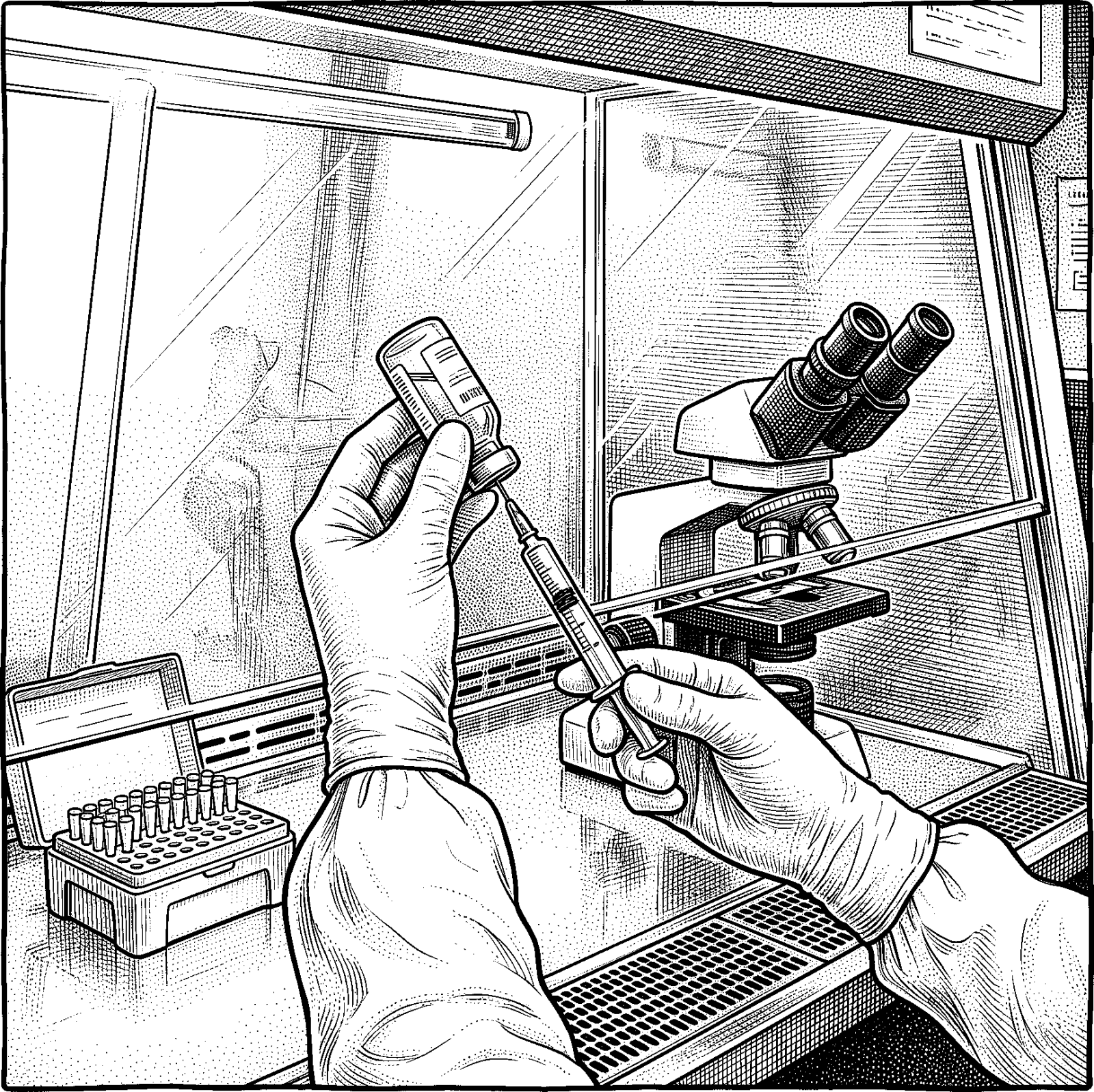 Hedcut illustration of Zolgensma uses an attenuated viral vector to deliver a functional gene into motor neurons.