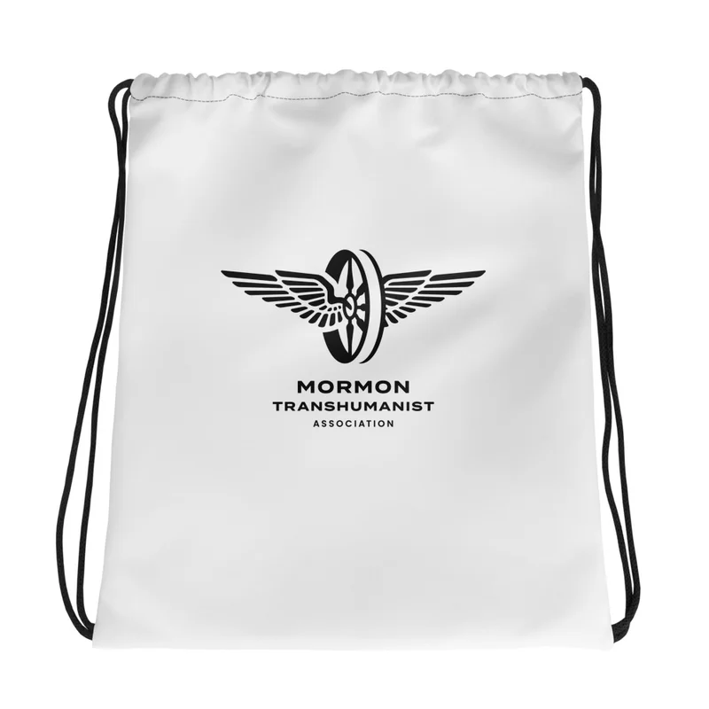All-Over Print Drawstring Bag in White with Black logo