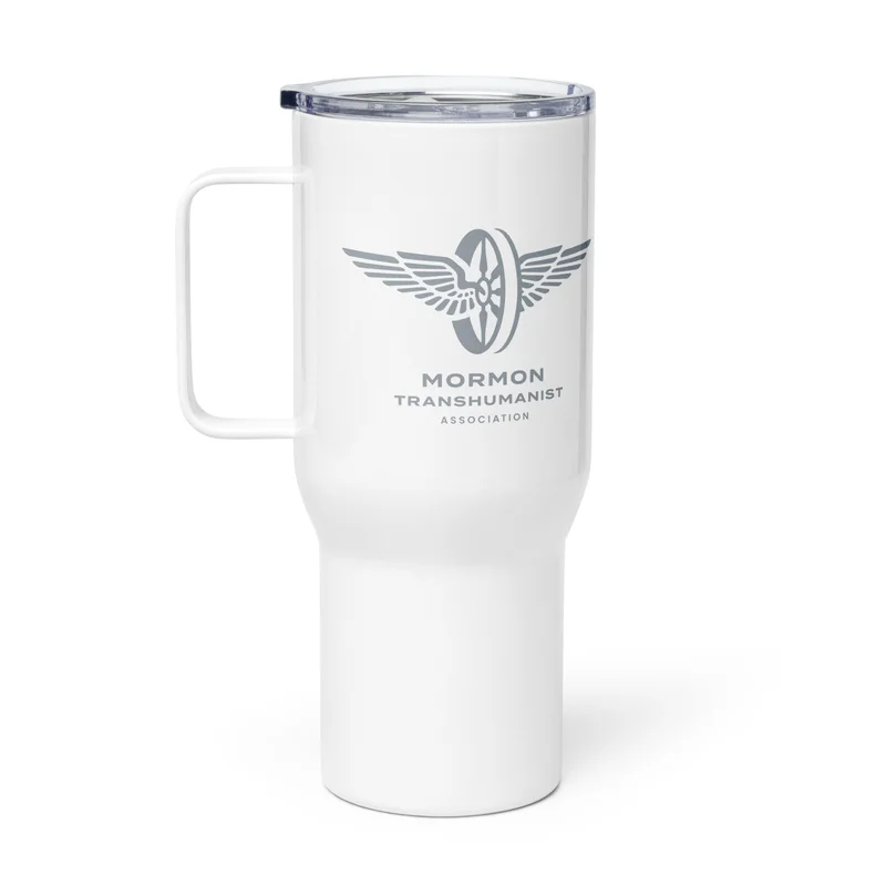 Travel Mug with a Handle in White with Grey logo