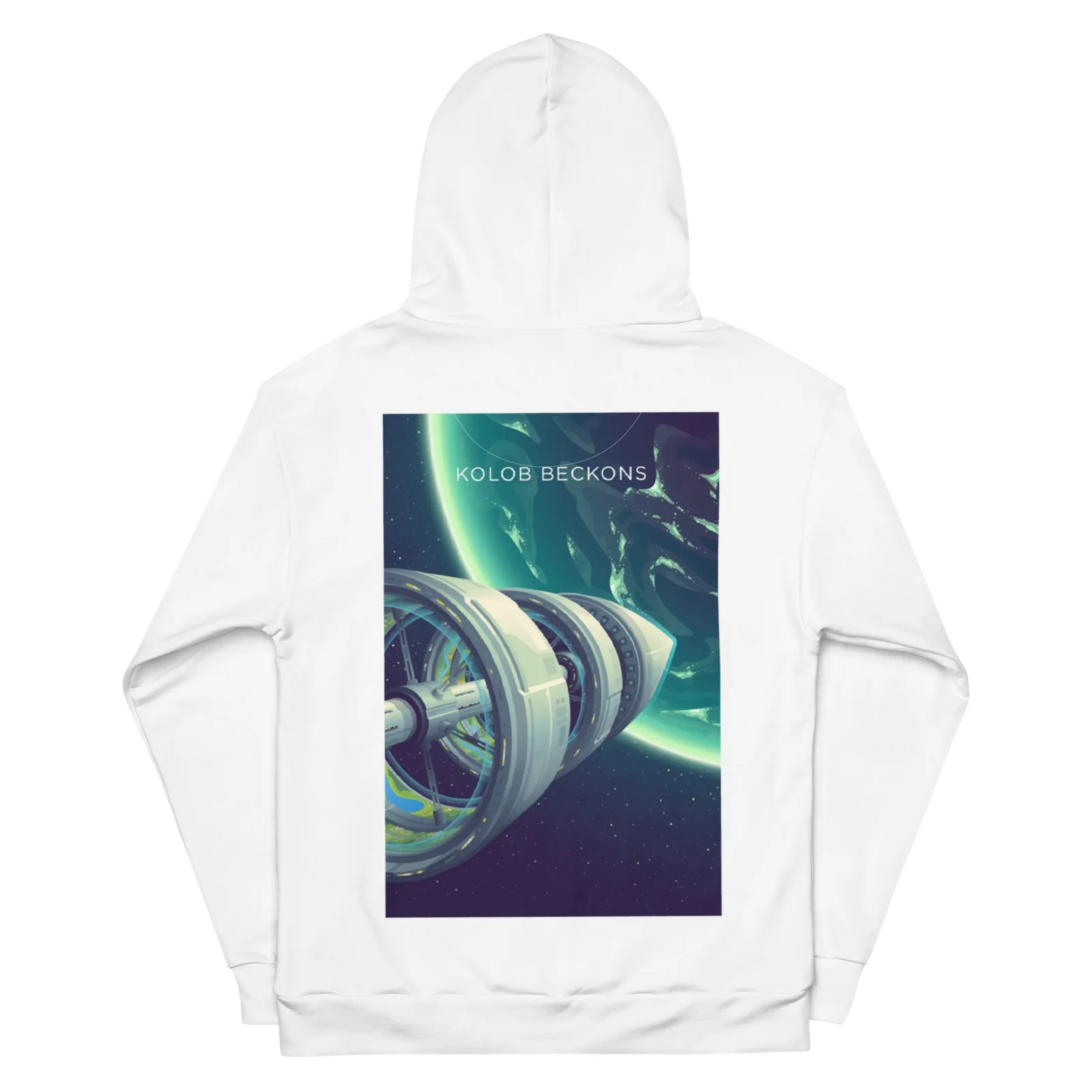 Kolob Beckons Recycled Unisex Hoodie, back view with Kolob Beckons poster art