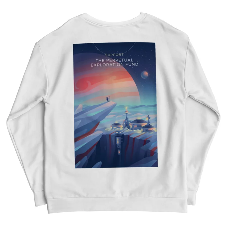 Perpetual Exploration Recycled Unisex Sweatshirt, back view with Perpetual Exploration poster art
