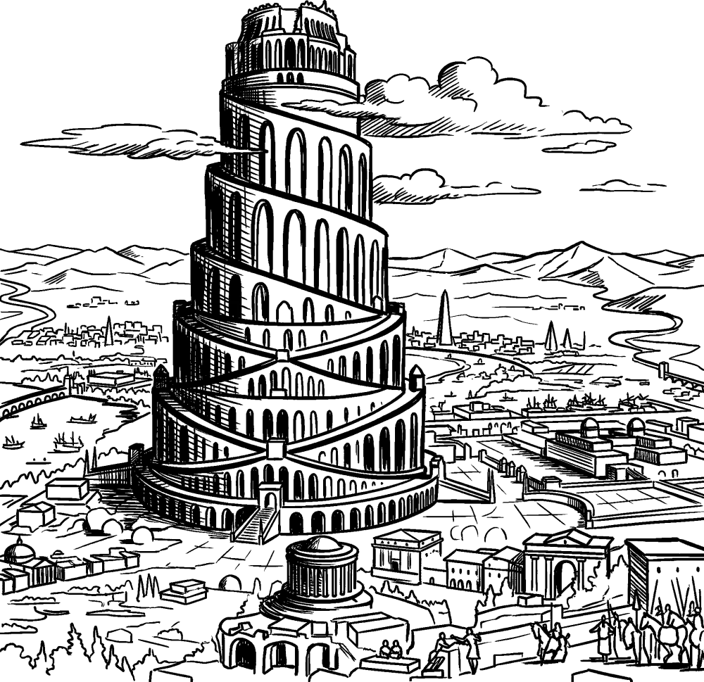 An artist's rendition of the Tower of Babel story from Genesis