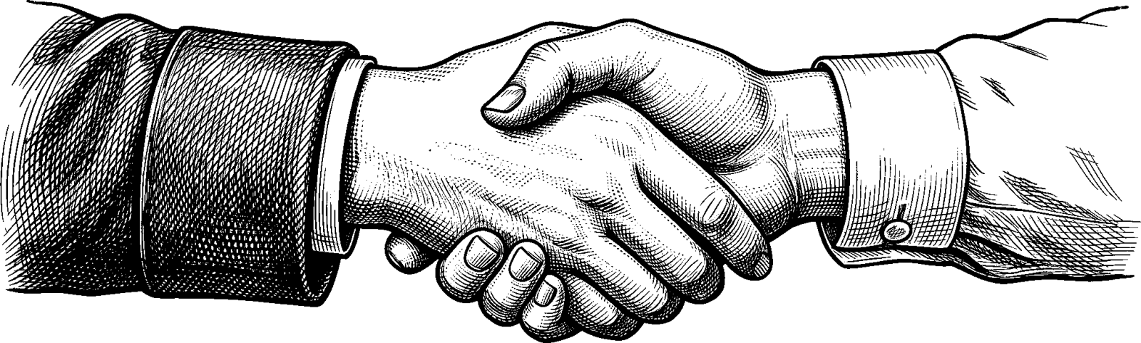 An engraving of two clasped hands in a handshake of friendship