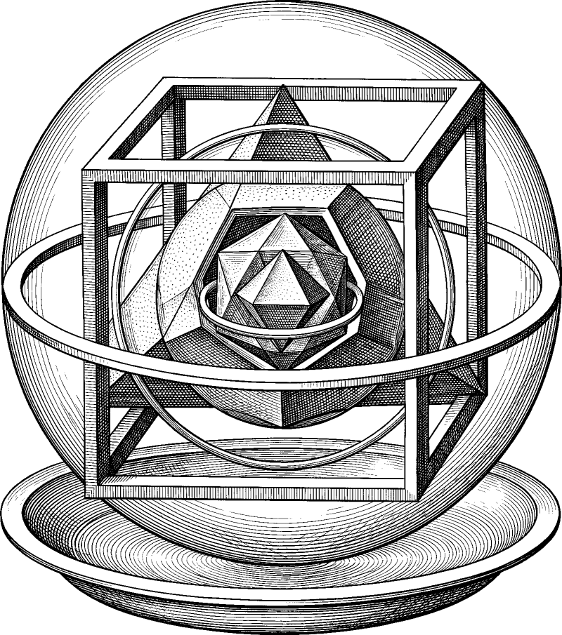 An engraving of Kepler's nested Platonic-solid model of the solar system from Mysterium Cosmographicum