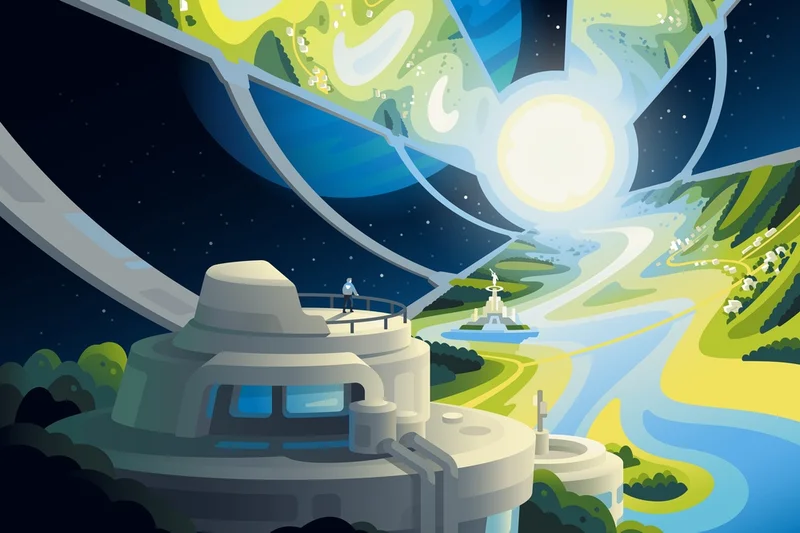 Illustration of a luminous orbital habitat with green landscapes, waterways, and a futuristic observatory