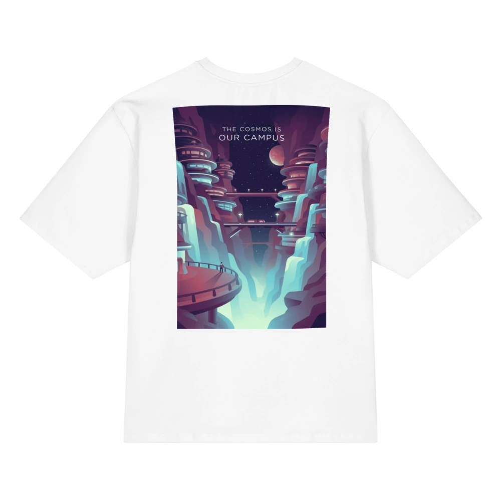 The Cosmos Is Our Campus Oversized Cotton T-Shirt, back view with The Cosmos Is Our Campus poster art