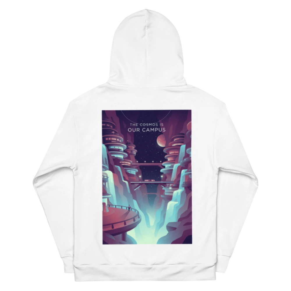 The Cosmos Is Our Campus Recycled Unisex Hoodie, back view with The Cosmos Is Our Campus poster art
