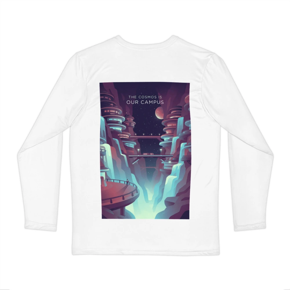 The Cosmos Is Our Campus Men's Long Sleeve Shirt, back view with The Cosmos Is Our Campus poster art
