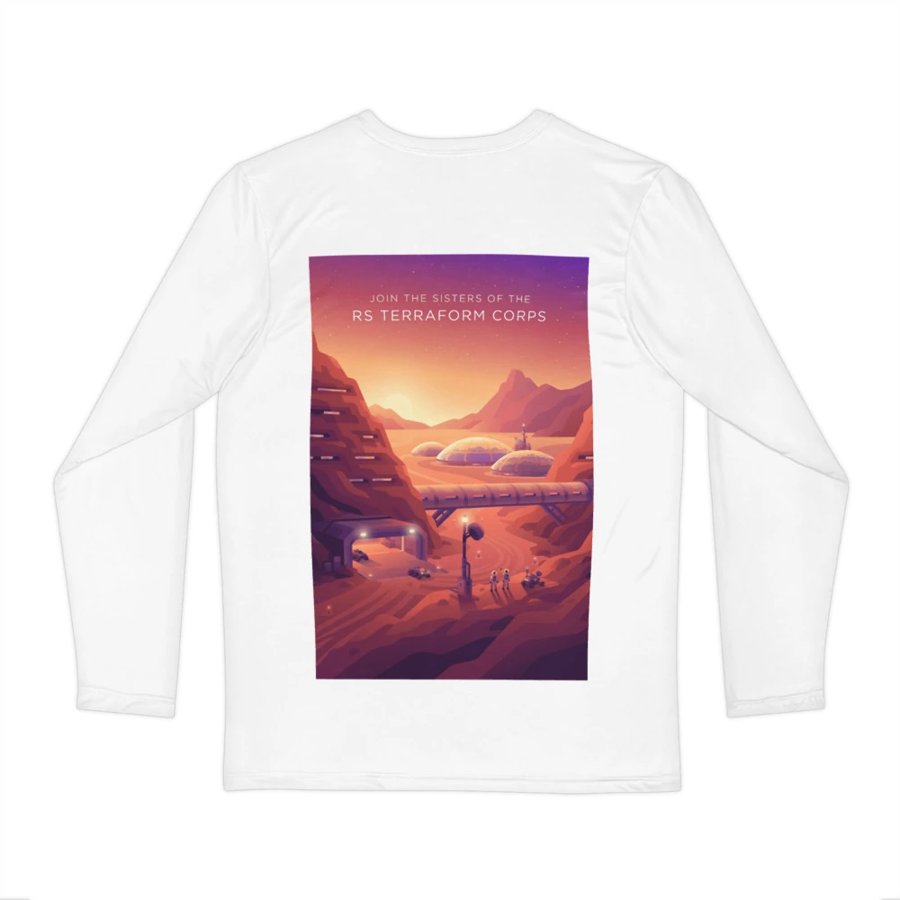 Join the Sisters of the RS Terraform Corps Men's Long Sleeve Shirt, back view with Join the Sisters of the RS Terraform Corps poster art