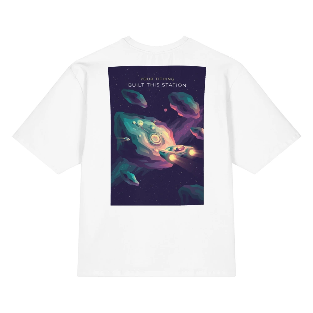 Your Tithing Built This Station Oversized Cotton T-Shirt, back view with Your Tithing Built This Station poster art