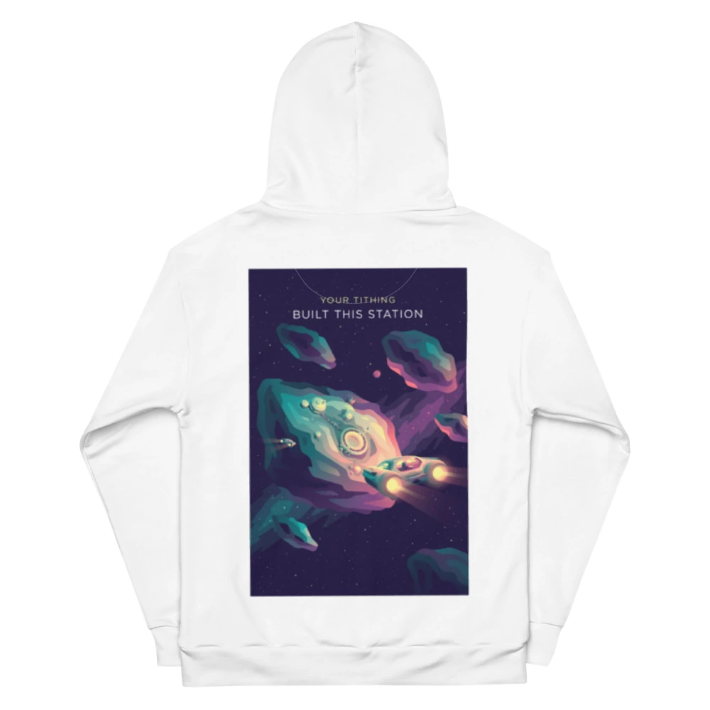 Your Tithing Built This Station Recycled Unisex Hoodie, back view with Your Tithing Built This Station poster art