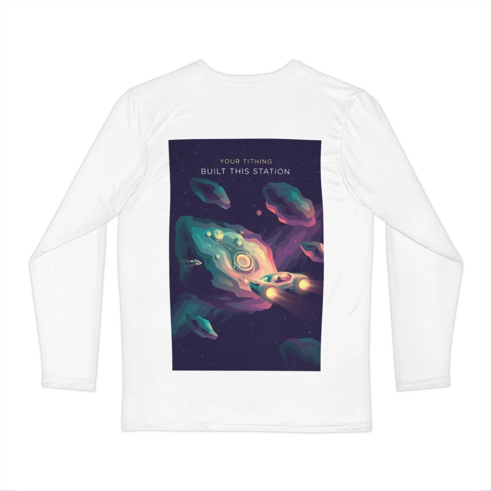 Your Tithing Built This Station Men's Long Sleeve Shirt, back view with Your Tithing Built This Station poster art