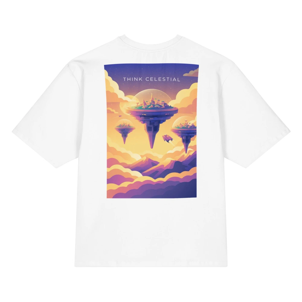 Think Celestial Oversized Cotton T-Shirt, back view with Think Celestial poster art