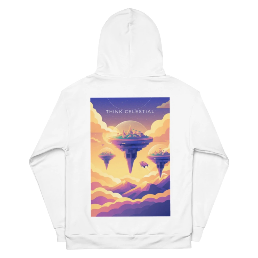 Think Celestial Recycled Unisex Hoodie, back view with Think Celestial poster art
