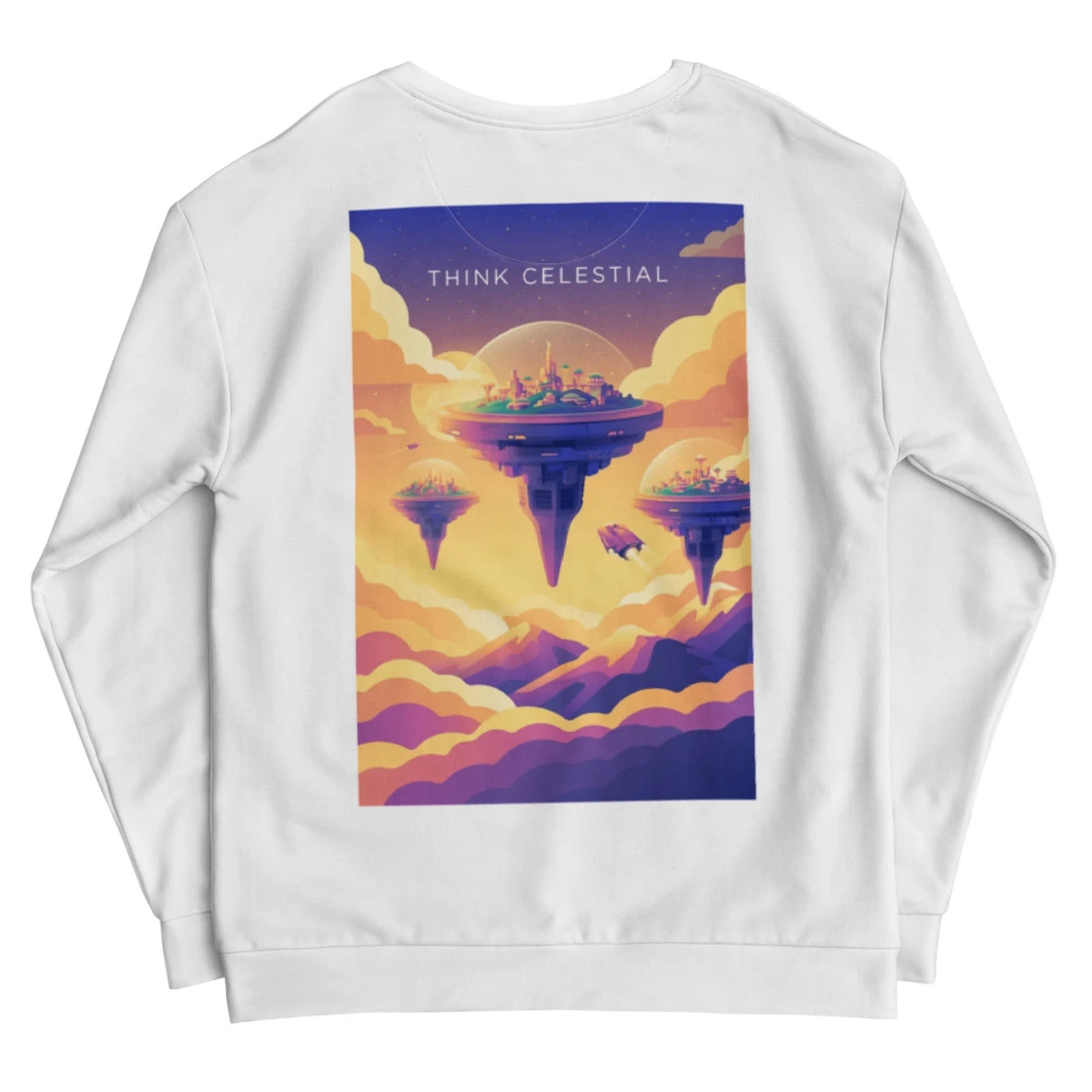 Think Celestial Recycled Unisex Sweatshirt, back view with Think Celestial poster art