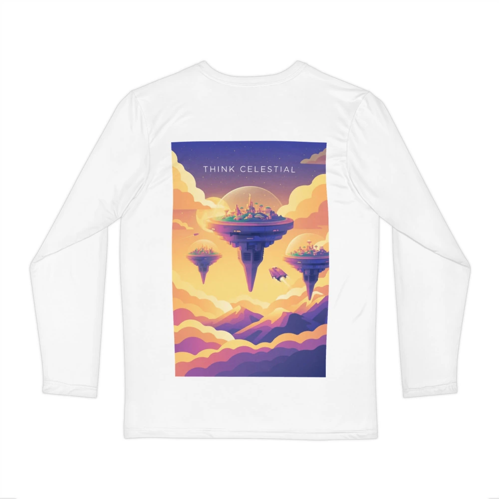 Think Celestial Men's Long Sleeve Shirt, back view with Think Celestial poster art