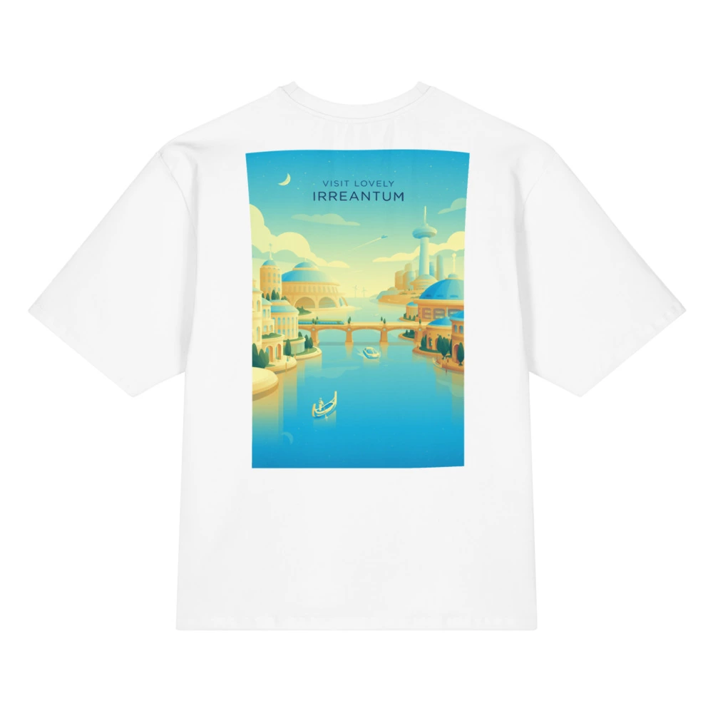 Visit Lovely Irreantum Oversized Cotton T-Shirt, back view with Visit Lovely Irreantum poster art