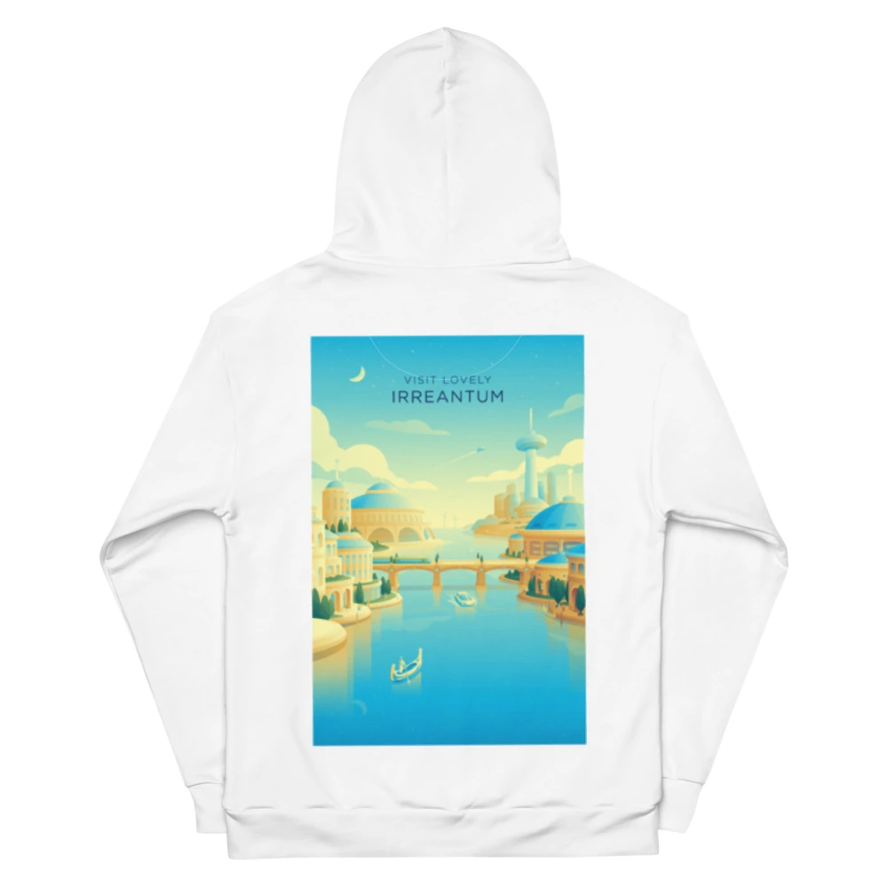 Visit Lovely Irreantum Recycled Unisex Hoodie, back view with Visit Lovely Irreantum poster art