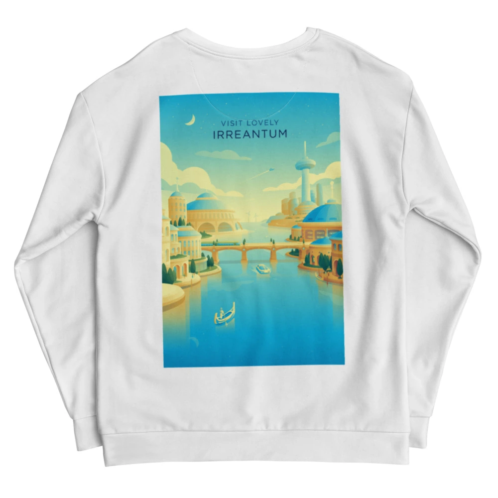 Visit Lovely Irreantum Recycled Unisex Sweatshirt, back view with Visit Lovely Irreantum poster art