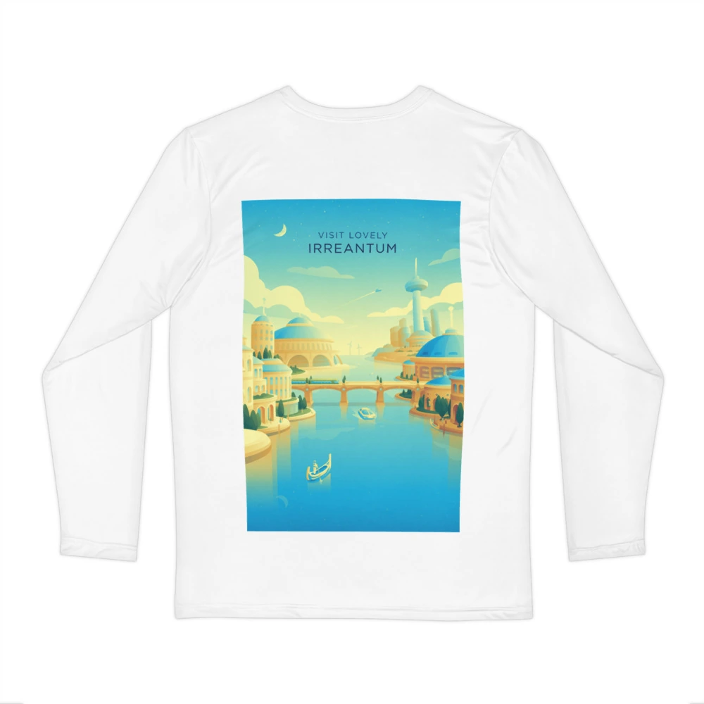 Visit Lovely Irreantum Men's Long Sleeve Shirt, back view with Visit Lovely Irreantum poster art