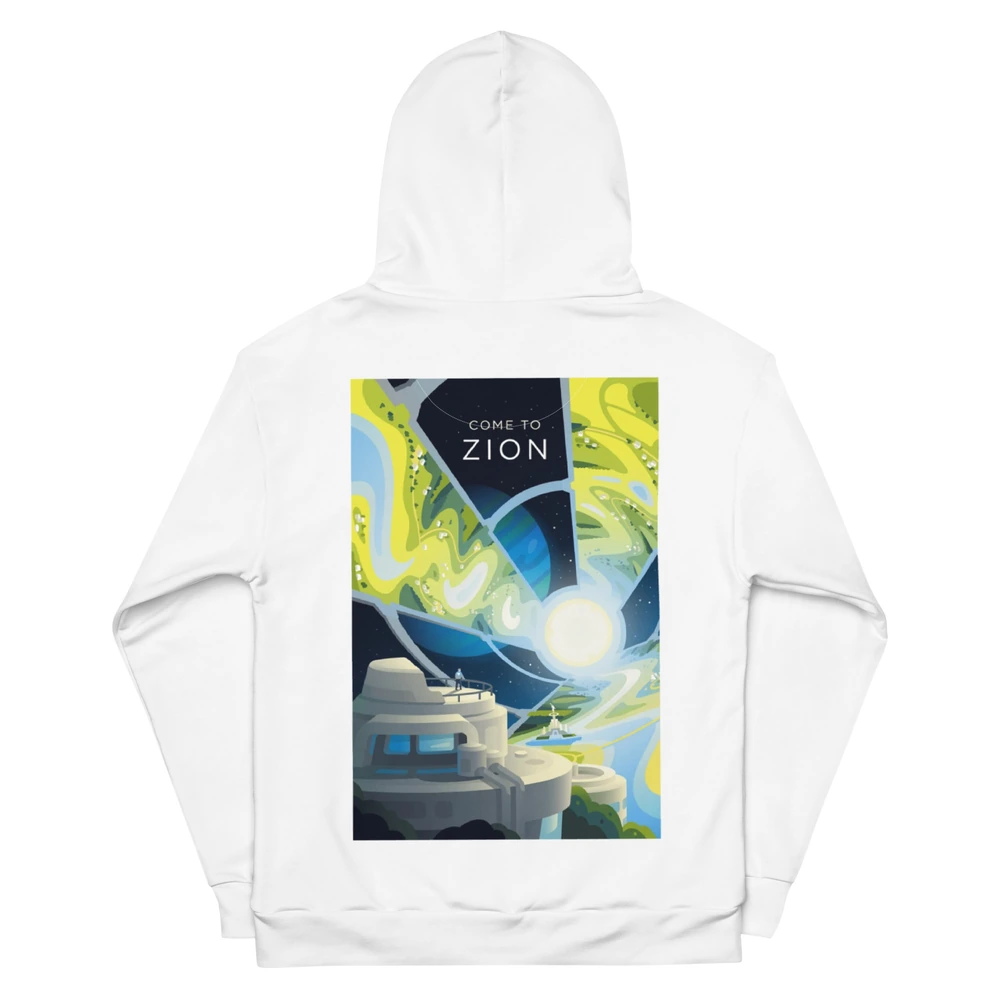 Come to Zion Recycled Unisex Hoodie, back view with Come to Zion poster art