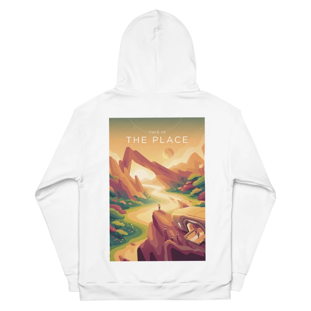This Is the Place Recycled Unisex Hoodie, back view with This Is the Place poster art