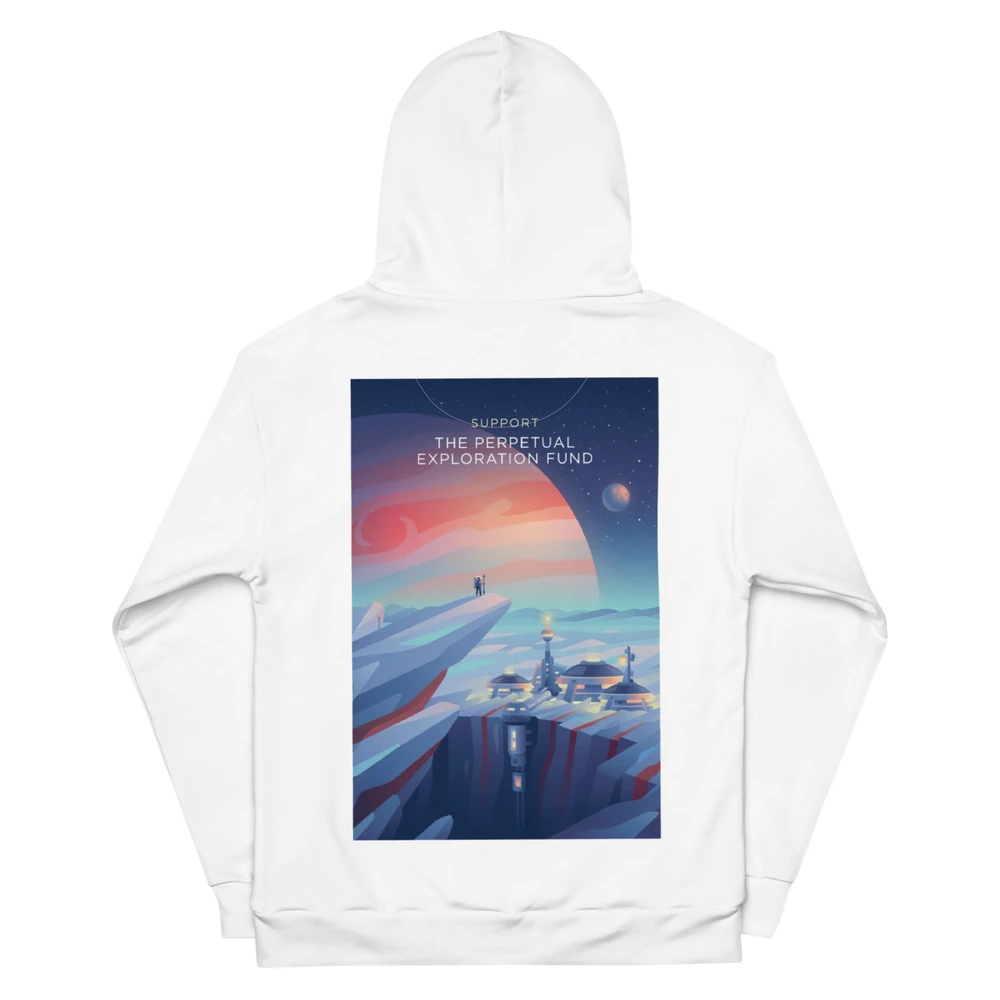 Perpetual Exploration Recycled Unisex Hoodie, back view with Perpetual Exploration poster art