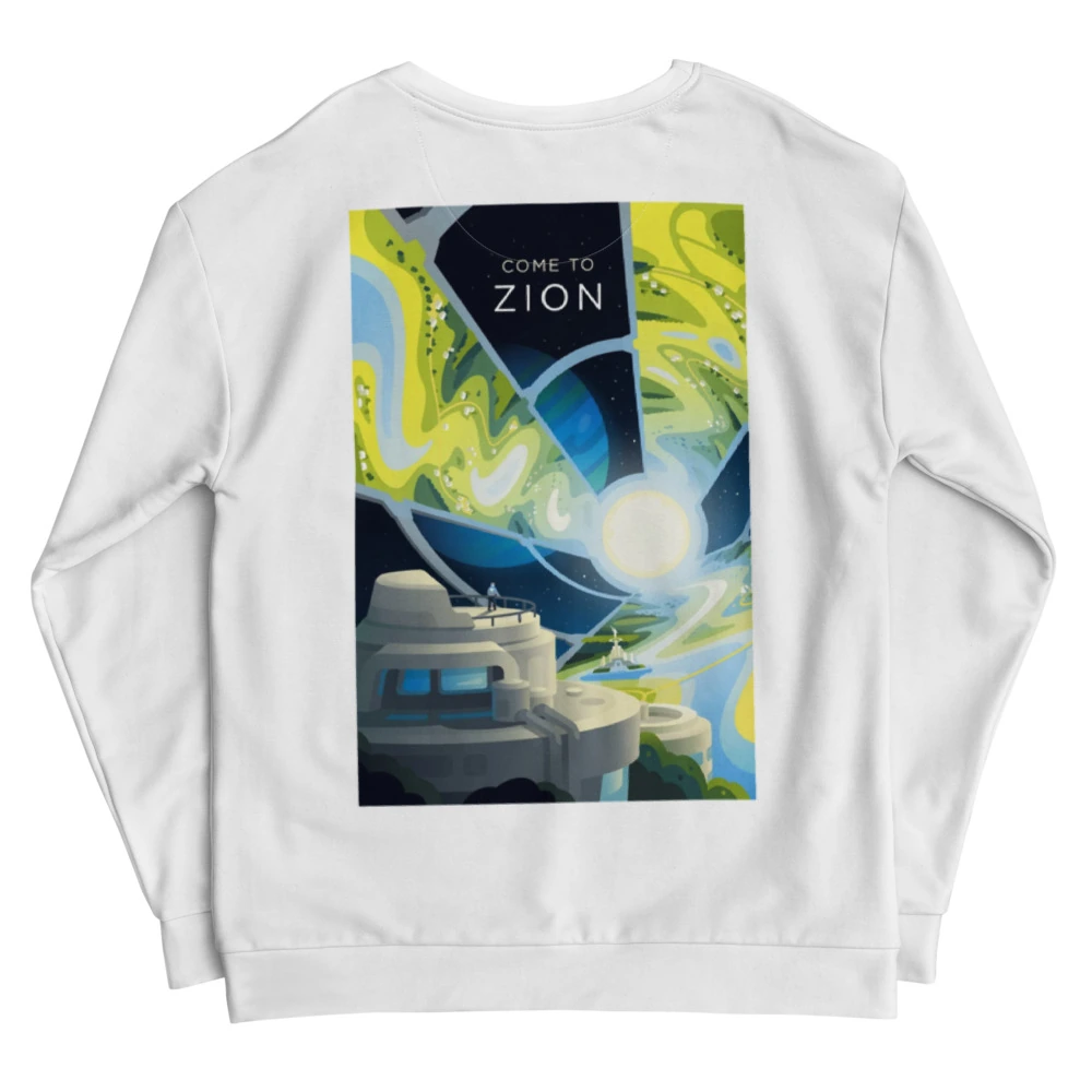 Come to Zion Recycled Unisex Sweatshirt, back view with Come to Zion poster art
