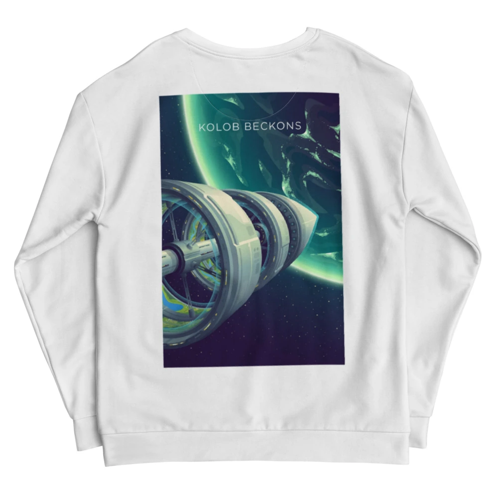 Kolob Beckons Recycled Unisex Sweatshirt, back view with Kolob Beckons poster art
