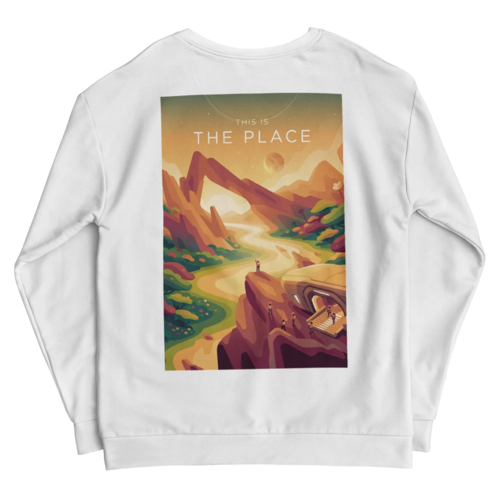 This Is the Place Recycled Unisex Sweatshirt, back view with This Is the Place poster art
