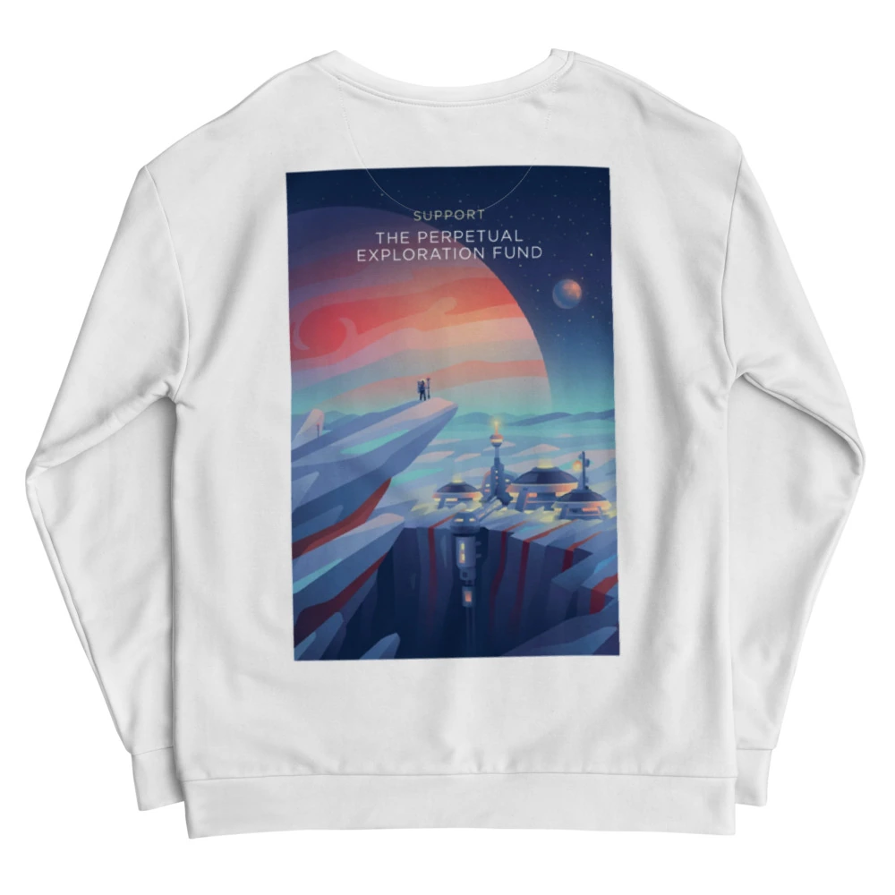 Perpetual Exploration Recycled Unisex Sweatshirt, back view with Perpetual Exploration poster art