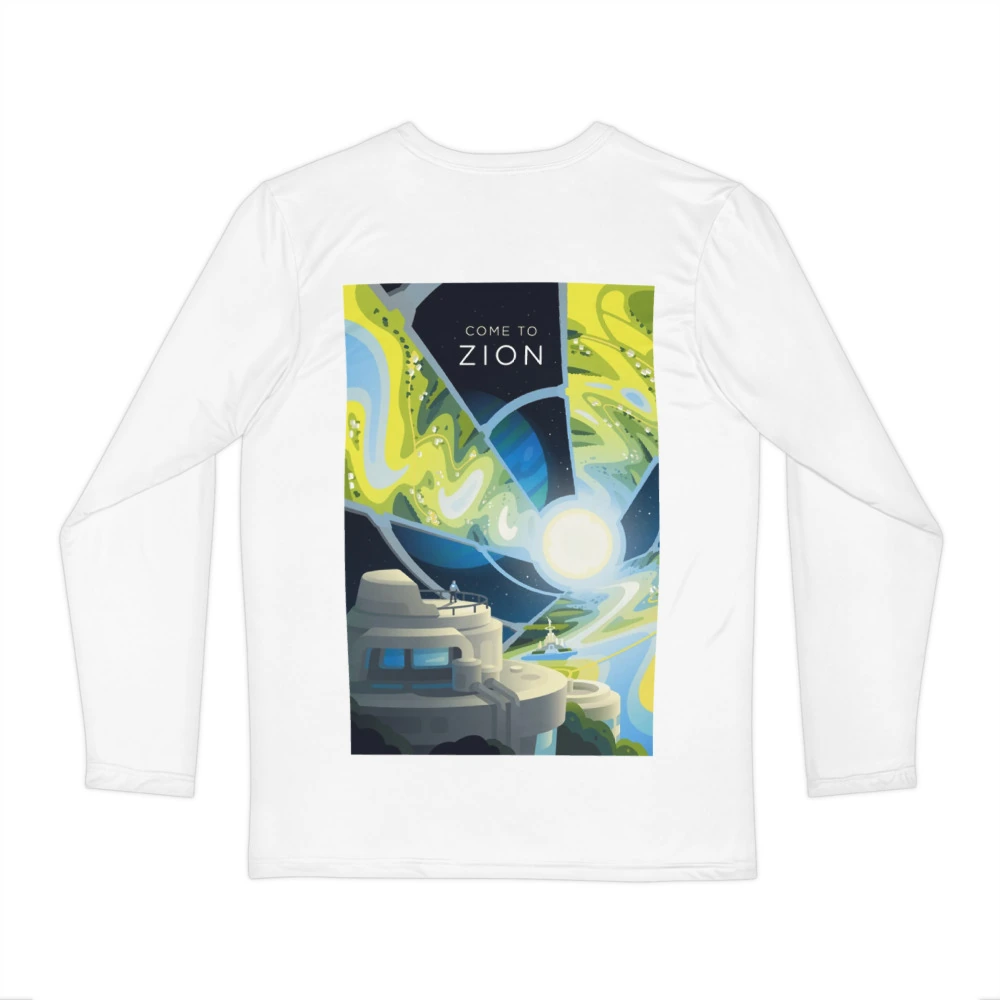 Come to Zion Men's Long Sleeve Shirt, back view with Come to Zion poster art