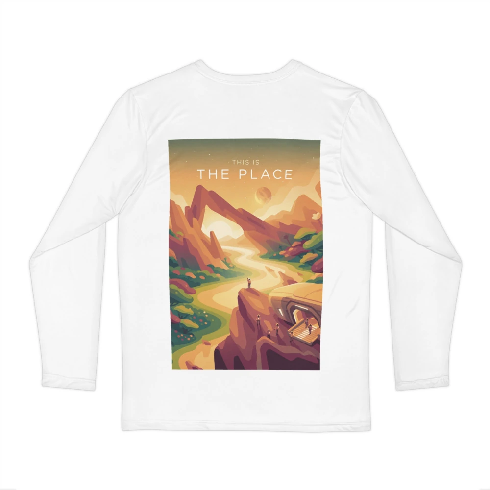 This Is the Place Men's Long Sleeve Shirt, back view with This Is the Place poster art