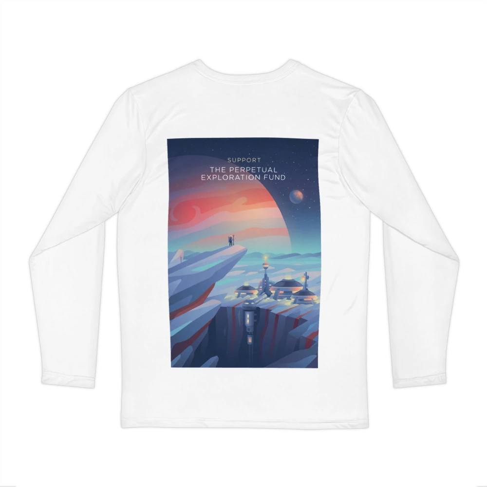 Perpetual Exploration Men's Long Sleeve Shirt, back view with Perpetual Exploration poster art