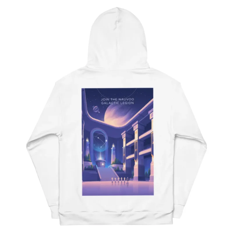 Join the Nauvoo Galactic Legion Recycled Unisex Hoodie, back view with Join the Nauvoo Galactic Legion poster art
