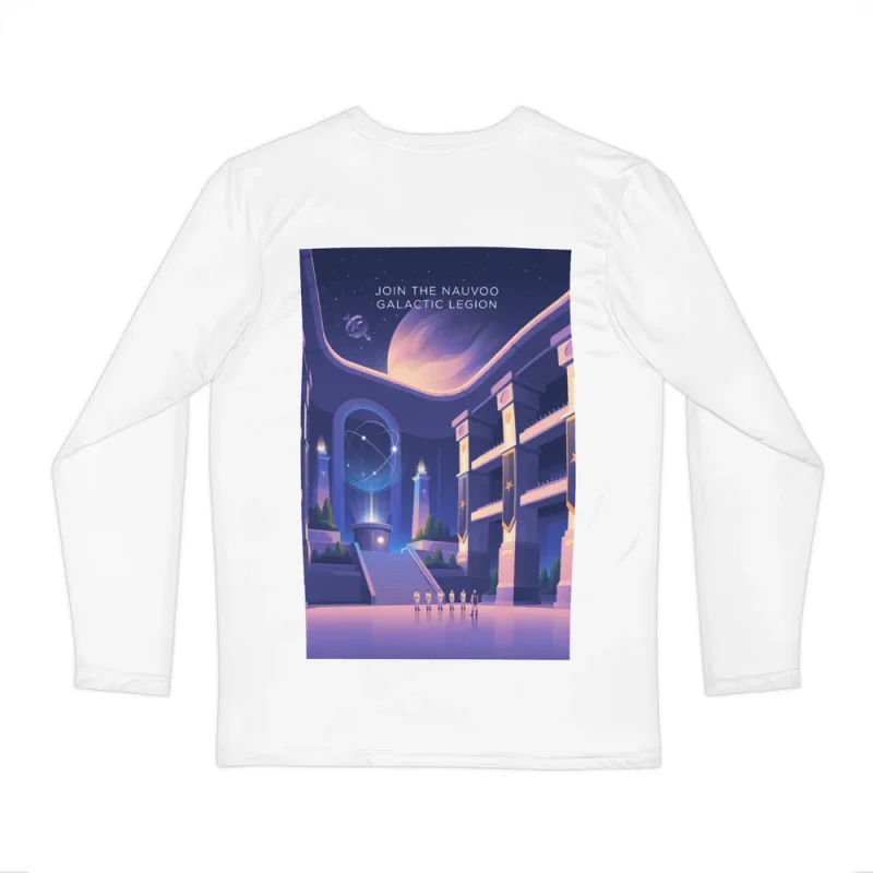 Join the Nauvoo Galactic Legion Men's Long Sleeve Shirt, back view with Join the Nauvoo Galactic Legion poster art