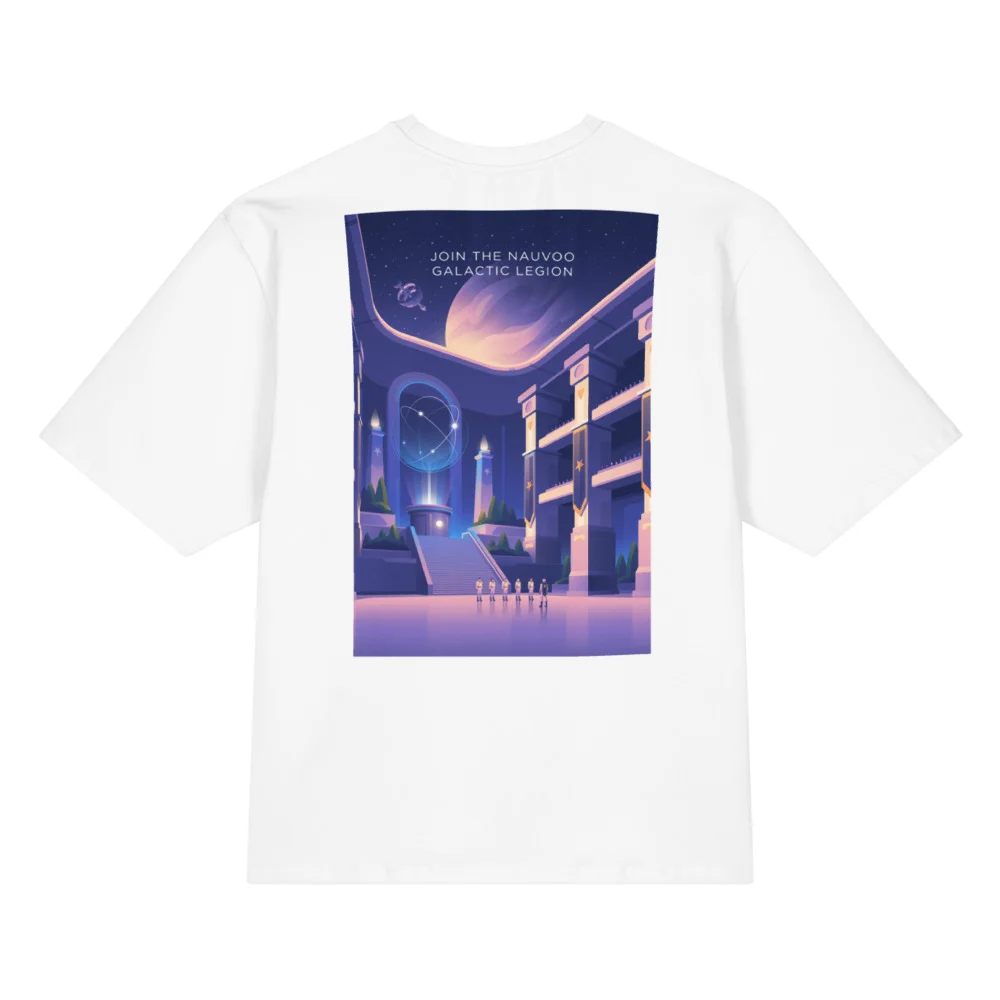 Join the Nauvoo Galactic Legion Oversized Cotton T-Shirt, back view with Join the Nauvoo Galactic Legion poster art