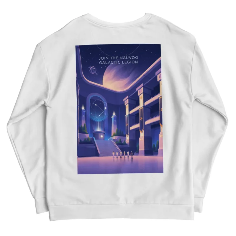Join the Nauvoo Galactic Legion Recycled Unisex Sweatshirt, back view with Join the Nauvoo Galactic Legion poster art