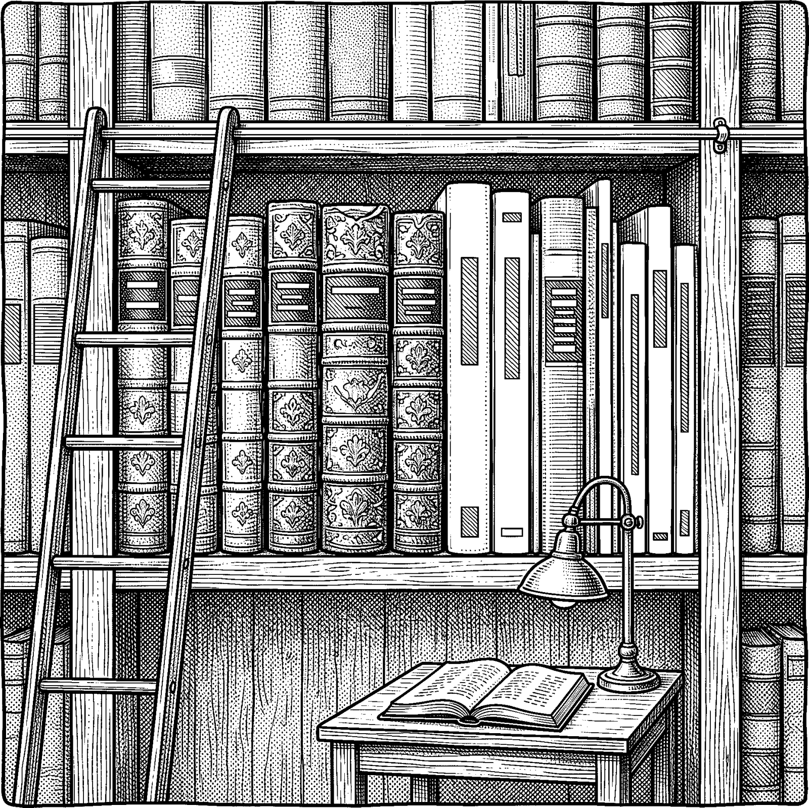 Hedcut illustration of a library shelf with old theology volumes beside modern technical books